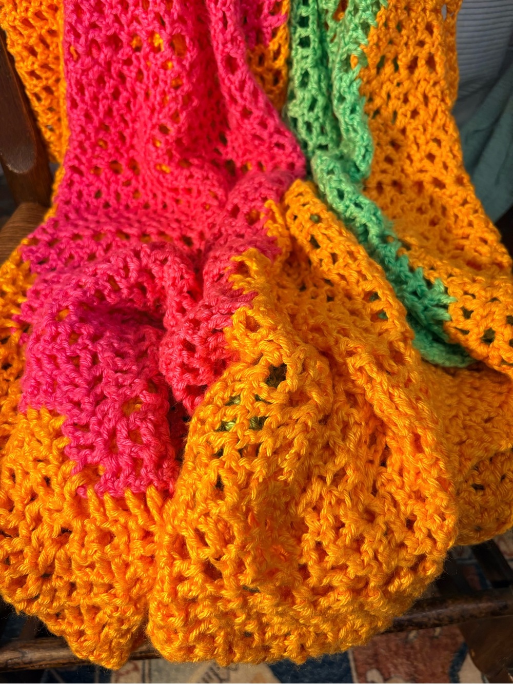 Handmade Colorblock Crochet Throw in Y2K Orange, Pink & Green